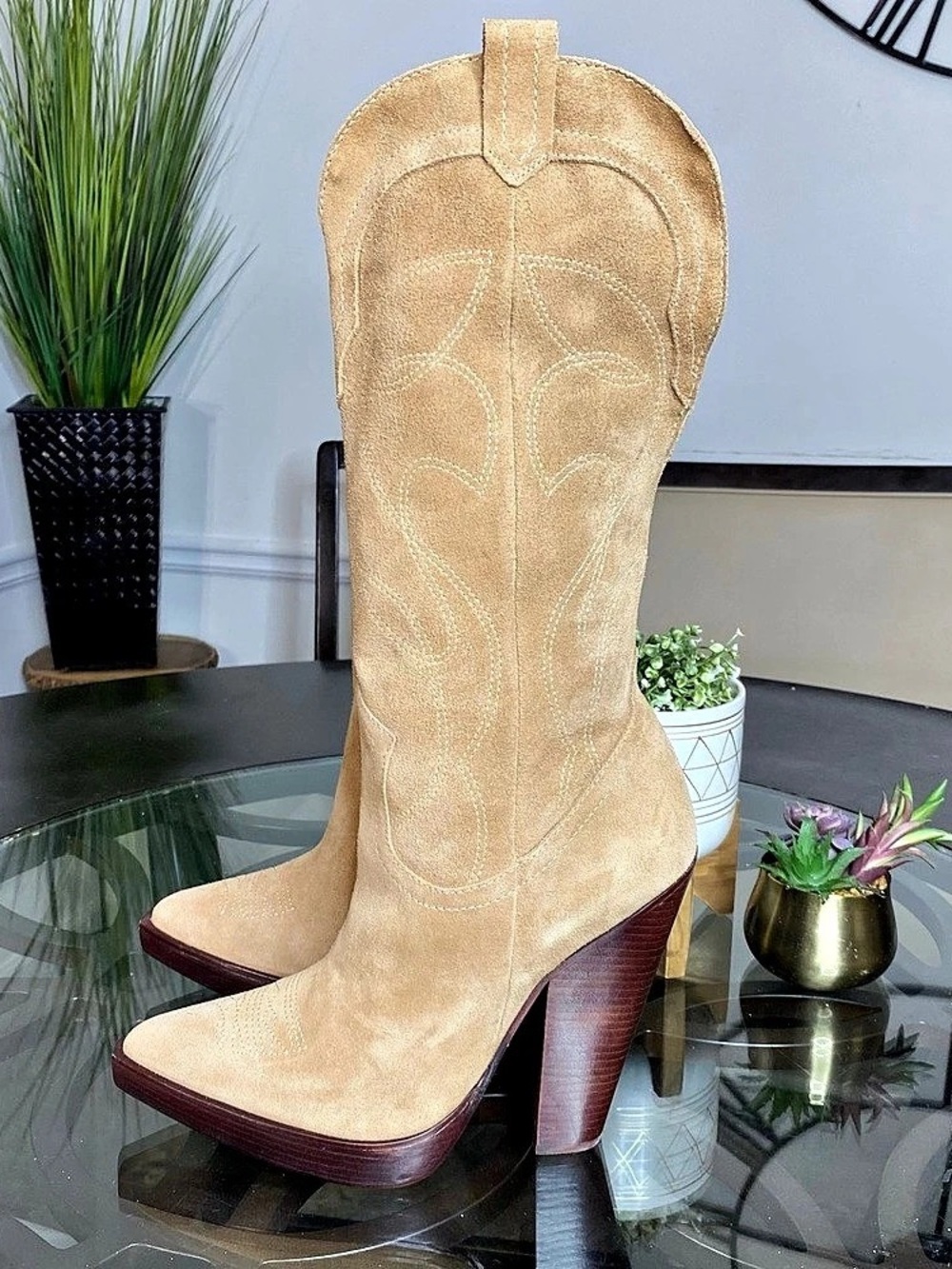 Schutz Meggy Up High Block Heel Cowboy Boots Suede Sonora 9.5